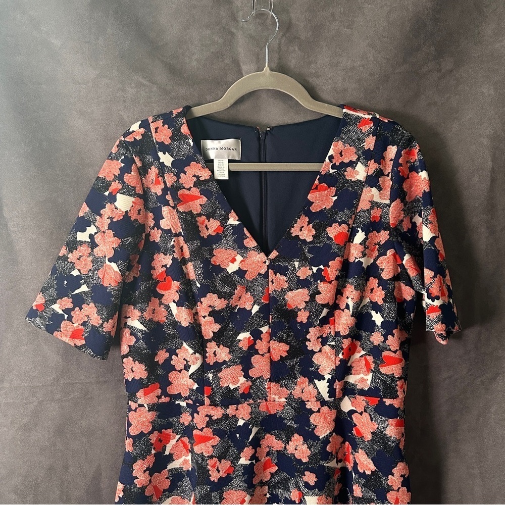 Donna Morgan Piqué Floral Fit & Flare Dress Navy Coral Size 14 Cocktail Wedding - Picture 5 of 13